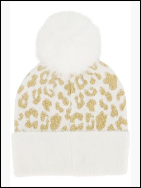 Metallic Feather Leopard Cuff Beanie Hat with Feather Accents main image 4